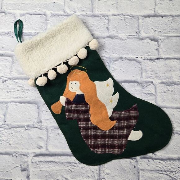 Old Fashion Angel Christmas Green Stocking White Fleece Cuff Green Check Lining - Picture 9 of 10